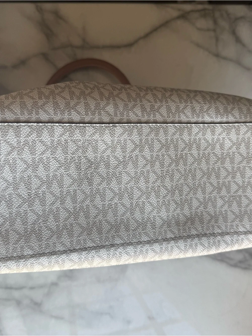 Michael Kors Beige MK Signature Satchel with Brown Trim and Gold Hardware